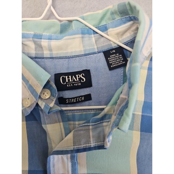 Chaps Button Up Shirt Men's Large Stretch Bright Blue Plaid Collared Summer - Picture 2 of 6